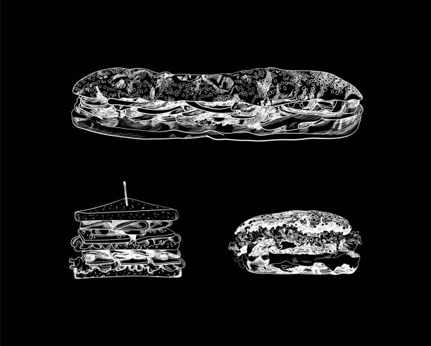 Vector Chalk Sketched Drawings, Long Sub Sandwich, Triangle Sandwich and Burger, White Lines Illustration, Outline, Fast Food Illustration Isolated on Black Background. Vector Chalk Sketched Drawings, Long Sub Sandwich, Triangle Sandwich and Burger, White Lines Illustration, Outline, Fast Food Illustration Isolated on Black Background, Detailed Hand Drawn Food. long sandwich stock illustrations