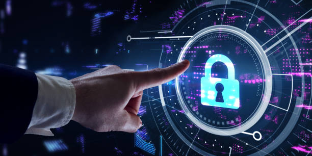 istock Cyber security data protection business technology privacy concept. Young businessman  select the icon security on the virtual display 1338830909