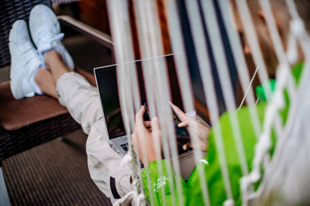 istock Person using laptop on holiday 1338831120