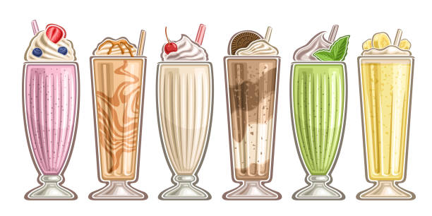 illustrazioni stock, clip art, cartoni animati e icone di tendenza di set di milkshake vettoriali - drinking straw juice frozen glass