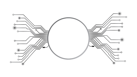 Design element in techno style with copy space silver circle with PCB tracks isolated on white. Template for website or banner. Vector illustration.