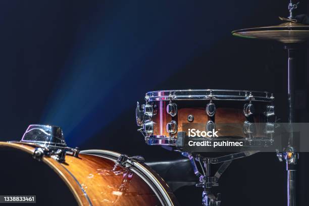 Part Of A Drum Kit Drums On A Dark Background Copy Space Stock Photo - Download Image Now