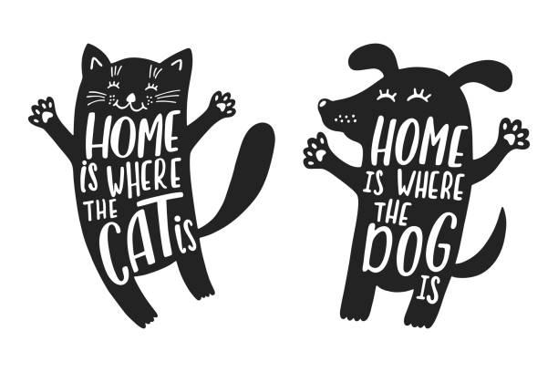 Cat and dog silhouettes with funny quote about home. Cat and dog silhouettes with funny quote about home. Vector illustration isolted on white background. black cat stock illustrations
