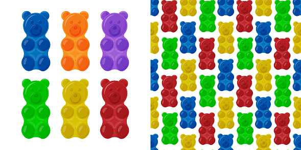 Seamless colorful gummy bears candies background. Sweets vector pattern. Vector illustration
