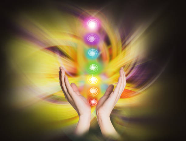Closeup view of woman and chakra points. Healing energy Closeup view of woman and chakra points. Healing energy reiki stock pictures, royalty-free photos & images