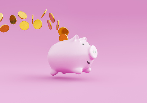 piggy bank jumping and dropping coins in the air. concept of savings, economy, expenses and investment. 3d rendering