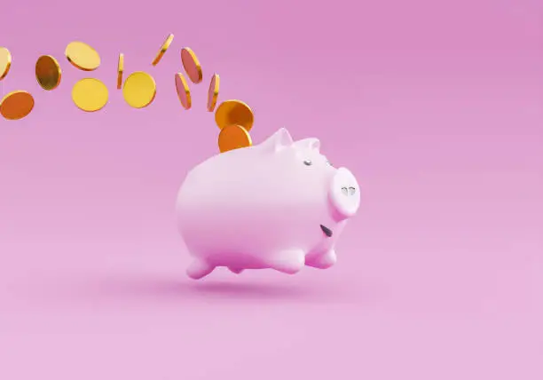 piggy bank jumping and dropping coins in the air. concept of savings, economy, expenses and investment. 3d rendering