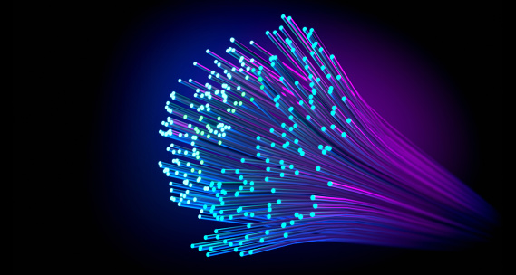 Cable de fibra óptica brillante, fondo de tecnología abstracta, renderizado 3D photo