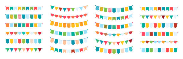 ilustrações de stock, clip art, desenhos animados e ícones de colored bunting flags. carnival collection items party decoration symbols garish vector banners set isolated - pennant flag party old fashioned