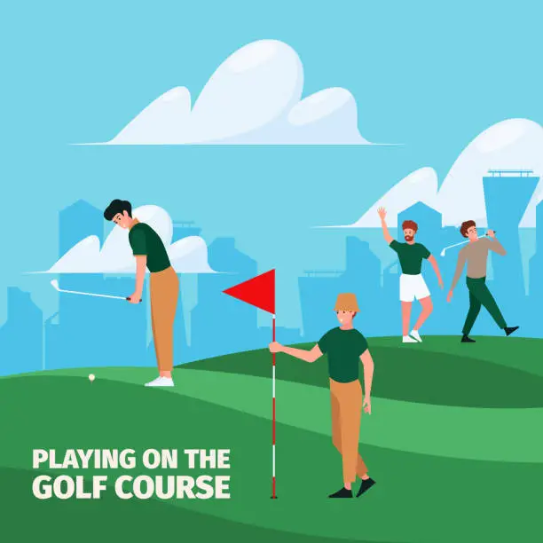 Vector illustration of Golf background. Sport field action activities golfiest beats with golf stick to ball garish vector flat illustration