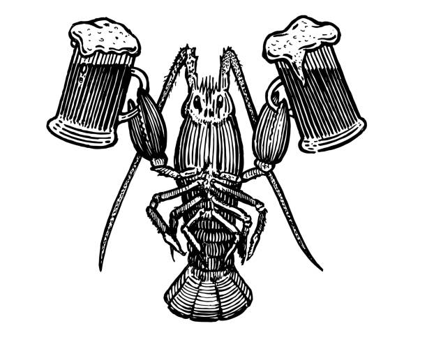 illustrations, cliparts, dessins animés et icônes de homard avec tasses à bière, illustration vectorielle. une bière de collection. - lobster cracker