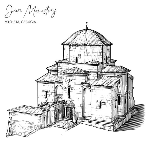 Jvari Monastery in Georgia Black and white drawing Jvari Monastery near city of Mtskheta in Georgia. Black line drawing isolated on white background. black and white travel travel destinations monk stock illustrations