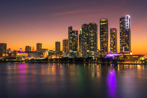 Sunset above Downtown Miami Skyline and Biscayne Bay stock photo