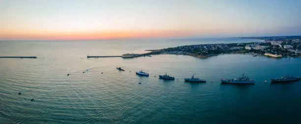 Photo of Russian fleet parade in Sevastopol bay at Navy day, aerial view