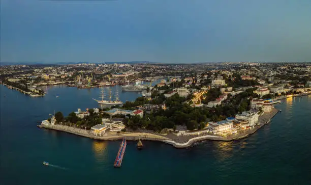 Evening Sevastopol panorama, aerial view of the Sevastopol bay and embankment.