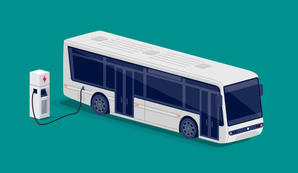 Electric city bus charging parking at the charger station vector art illustration
