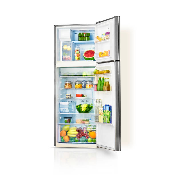 full open refrigerator - open imagens e fotografias de stock