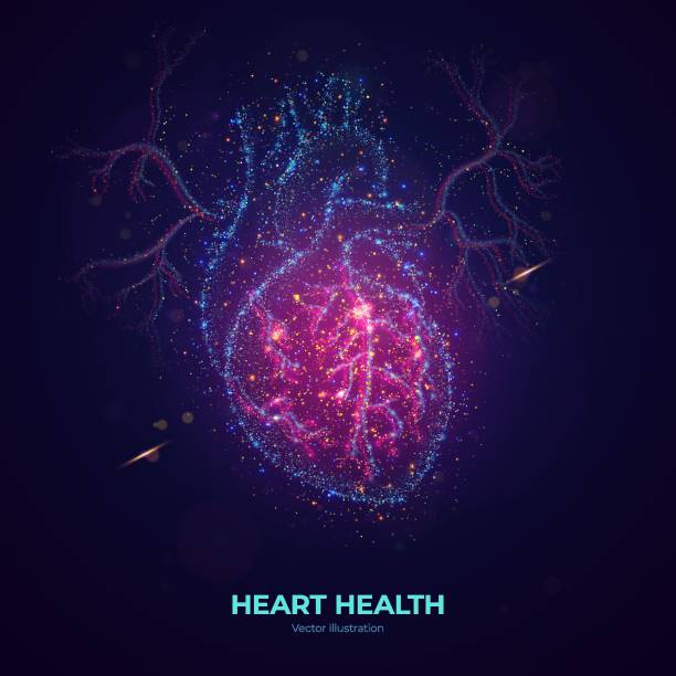 Glowing human heart vector illustration made of neon particles. Glowing human heart vector illustration made of neon particles. Bright magic heart health concept art in modern abstract style consists of colorful dots. human heart stock illustrations
