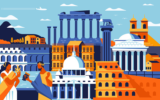 Rome city colorful flat design style. Cityscape with all famous buildings. Landmarks of Rome city composition for design. Travel and tourism background. Vector illustration