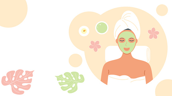 Woman in a spa salon, in a towel with a mask on her face. Skin care, beauty concept. Banner with copy space. Vector stock illustration.