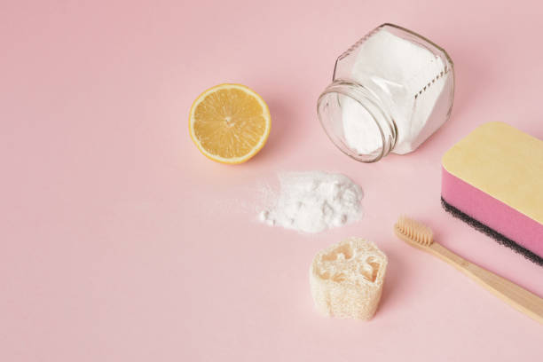 istock Eco friendly natural cleaning tools and products on pink background , Zero waste cleaning concept. Plastic free detergent concept 1338843464