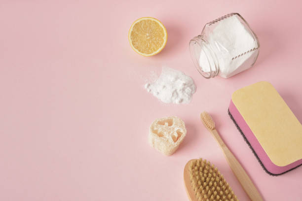 istock Eco friendly natural cleaning tools and products on pink background , Zero waste cleaning concept. Plastic free detergent concept 1338843468