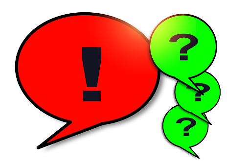 a red speech bubble with an exclamation mark faces a group of green speech bubbles with question marks - concept for communication and problem solving
