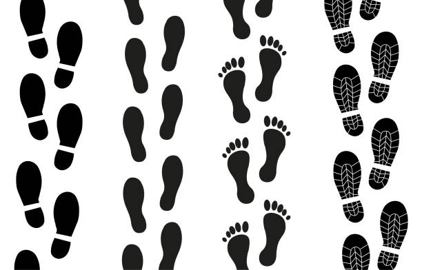 ilustraciones, imágenes clip art, dibujos animados e iconos de stock de huellas juego de zapatos - sand footprint track following