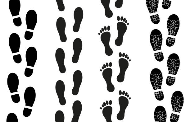 풋프린트 슈즈 세트 - sand footprint track following stock illustrations