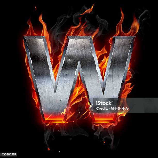 Flaming Chrome W Logo On Black Background Stock Photo - Download Image Now - Alphabet, Aluminum, Black Background