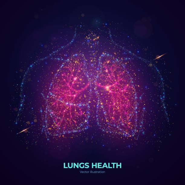 ilustraciones, imágenes clip art, dibujos animados e iconos de stock de ilustración vectorial de pulmones humanos brillantes hecha de partículas de neón. - pulmón