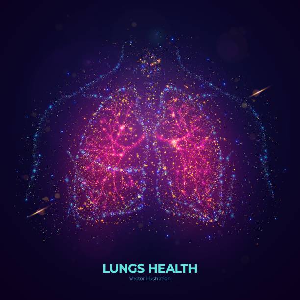 illustrazioni stock, clip art, cartoni animati e icone di tendenza di illustrazione vettoriale di polmoni umani incandescenti fatta di particelle al neon. - respiratory system