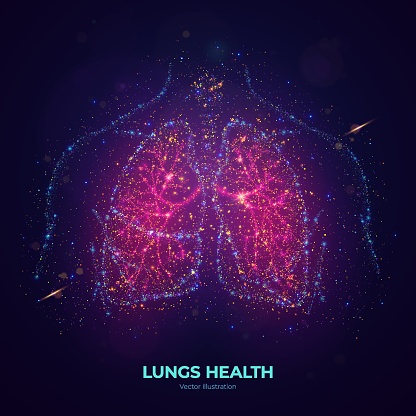 Glowing human lungs vector illustration made of neon particles.