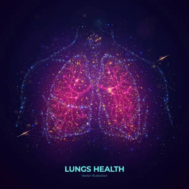 Vector illustration of Glowing human lungs vector illustration made of neon particles.