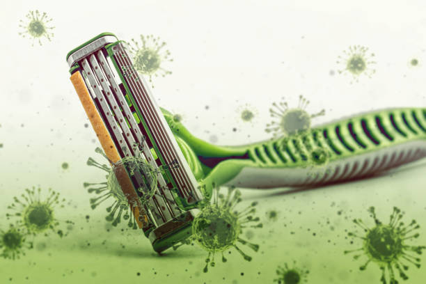 istock grunge dirty shaving razer blade with rusty virus germ and bacteria decoration effect. 1338845686
