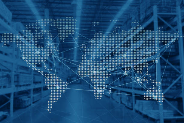 distribuzione internazionale di prodotti di spedizione da tecnologia di gestione del magazzino mondiale e background del settore logistico. - delivering foto e immagini stock