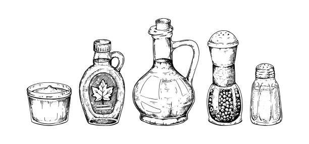 illustrazioni stock, clip art, cartoni animati e icone di tendenza di set di condimenti disegnati a mano. illustrazione vettoriale in stile schizzo - jar old fashioned bottle glass