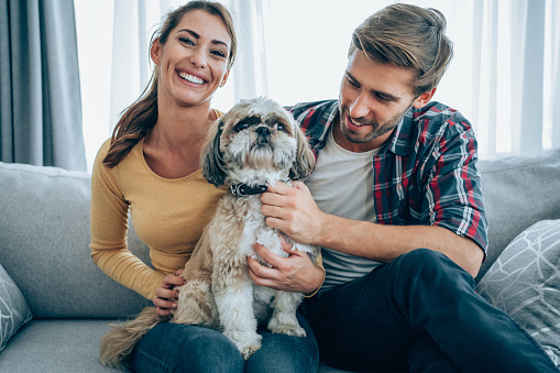 Shot of an affectionate young couple relaxing with their pet dog on the sofa at home.