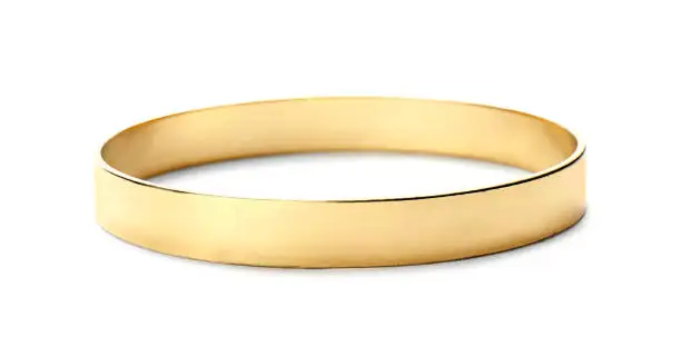 Photo of Stylish golden bracelet isolated on white. Fashionable accessory