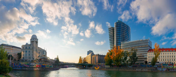 vienna, austria - OCT 17, 2019: cityscape of vienna with danube channel. beautiful urban scenery in evening light. gorgeous sky above the skyline