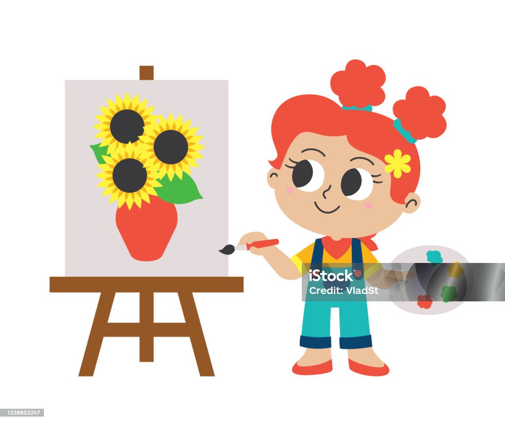 Creative Girl Painter Artist Canvas Painting With Sunflowers Art Gallery  Easel Stock Illustration - Download Image Now - iStock