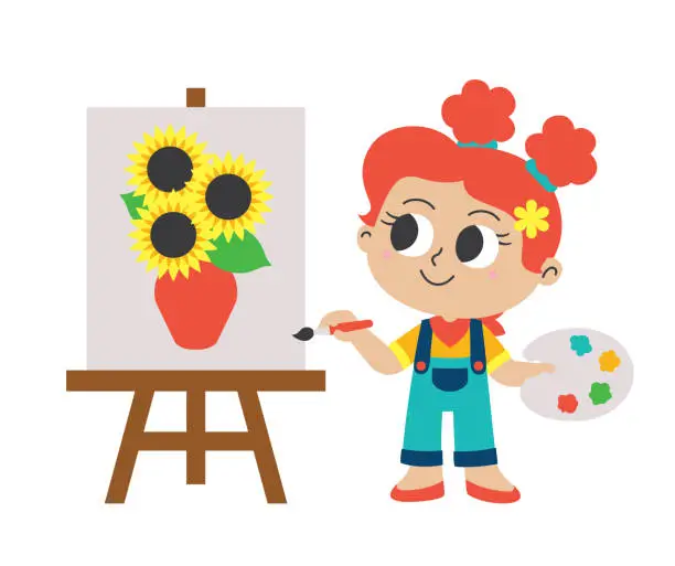 Vector illustration of Creative Girl Painter Artist Canvas Painting with Sunflowers Art Gallery Easel