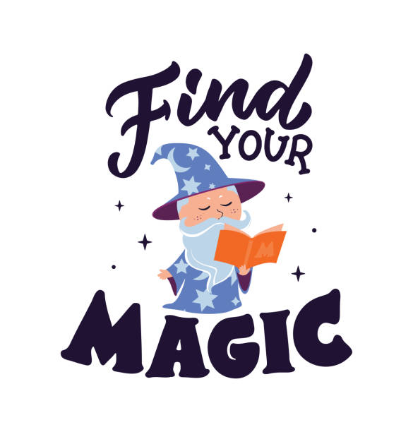 The Magic quote. The lettering phrase - Find your magic with cartoon wizard The Magic quote. The lettering phrase - Find your magic with cartoon wizard is good for happy Halloween day designs, magician cards, esoteric, etc. Vector illustration magic show stock illustrations