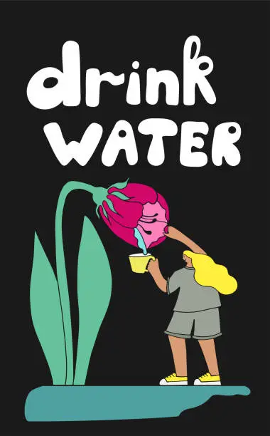 Vector illustration of Poster young woman collects dew from a flower in a blue in cup with handwritten text Drink water on black background. Hand drawn illustration.