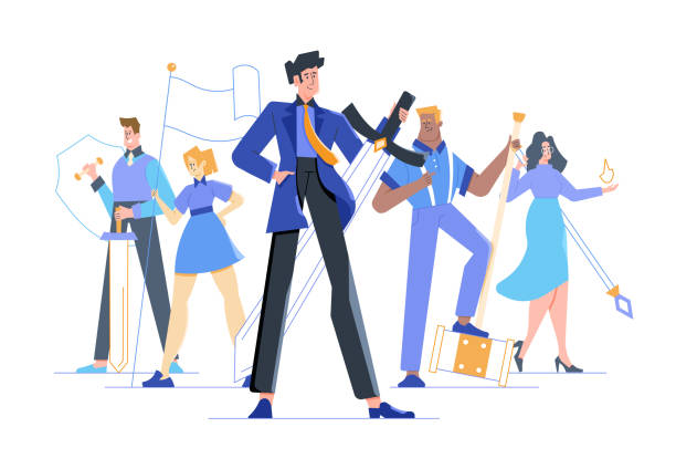 Team of colleagues with weapons in their hands. Men and women of different nationalities in business suits with a sword, shield, flag. Teamwork and Leadership. Vector flat concept illustration. Team of colleagues with weapons in their hands. Men and women of different nationalities in business suits with a sword, shield, flag. Teamwork and Leadership. Vector flat concept illustration. business battle stock illustrations