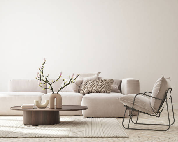 istock Mock up Wall, modern home interior background, living room, scandinavian style, 3D render 1338856922