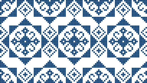 istock Zmijanjski vez traditional cross-stitch inspired vector seamless pattern - textile or fabric print folk art design in navy blue from Bosnia and Herzegovina 1338857297