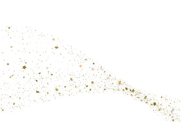 Vector illustration of Light gold glitter confetti background. 3d stars.