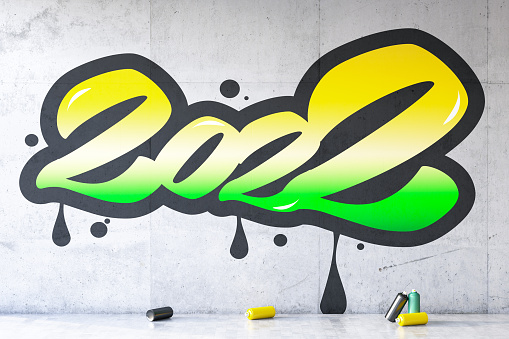 2022 New Year Graffiti on the Wall. 3d Render