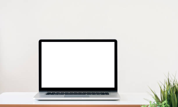 istock Mockup blank white screen laptop computer and houseplant on white top table with copy space. 1338858950